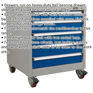 Heavy Duty 5 Drawer Mobile Industrial Cabinet with Lock and Wheels