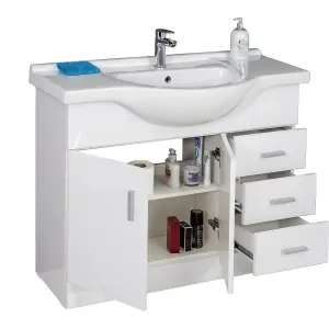 Rinse Bathrooms Gloss White Painted Bathroom Basin Sink Vanity Unit Cabinet Soft Close Door Hinges Floor Standing 1050mm