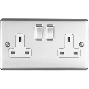 2 PACK 2 Gang Double UK Plug Socket SATIN STEEL & White 13A Switched Outlet