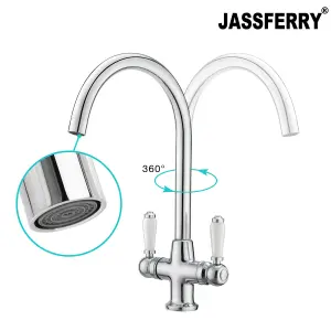 JASSFERRY Kitchen Mixer Tap Elegant White Ceramic Dual Handle Monobloc Sink Faucet Chrome