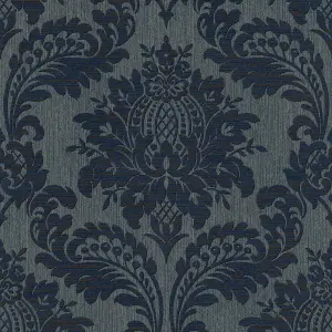 Boutique Navy Metallic effect Damask Textured Wallpaper Sample