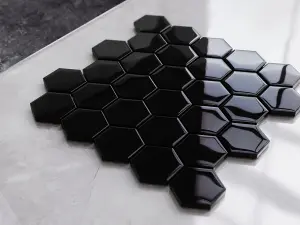 Hexagon glass mosaic on mesh for bathroom or kitchen 247mm x 255mm - Liquid black