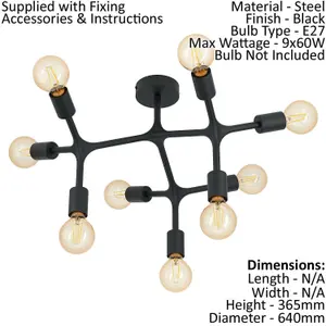 Flush 9 Bulb Ceiling Light Colour Black Arms & Lamp Holders Bulb E27 9x60W