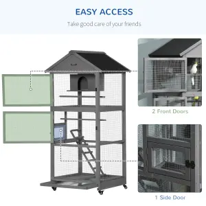 PawHut Bird Cage Wooden Aviary for Canary Cockatiel Parrot w/ Wheels Tray