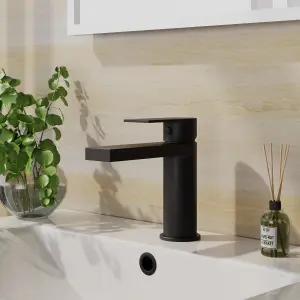 Modern Square Mono Basin Mixer Tap & Push Button Waste - Matt Black - Balterley