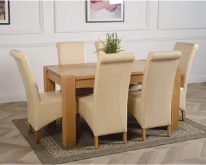 Kuba 150 x 85 cm Chunky Medium Oak Dining Table and 6 Chairs Dining Set with Montana Ivory Leather Chairs