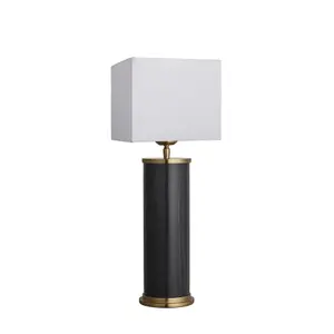 Industville Marble Pillar Cylinder Table Lamp in Black & Brass with White Small Cube Lampshade