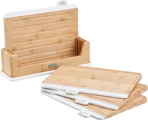 Cooks Professional Bamboo Index Chopping Boards with Stand, Wood Cutting Boards Veg, Meat & Fish White