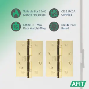 AFIT Polished Brass Door Hinges - 4 Inch / 102mm  Internal Fire Door Hinges - 5 Pairs