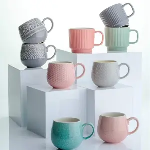 Set of 6 Embossed Line Green Mug 355ml