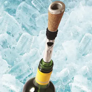 Wine Chiller Aerator Stick & Pourer Tool - Freezer Safe Stainless-Steel Rod & Pouring Lip with Cork Stopper & Drip-Free Seal