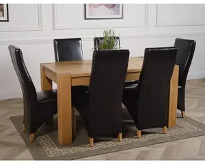 Kuba 150 x 85 cm Chunky Medium Oak Dining Table and 6 Chairs Dining Set with Lola Black Leather Chairs