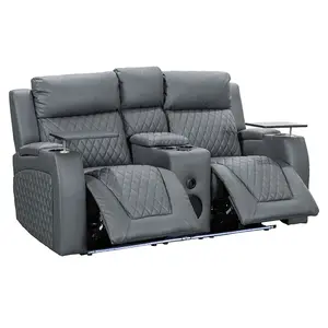 2 Seater Cinema Reclining Sofa with Wireless Charger and Console in Grey Aire Leather - Venice Series One