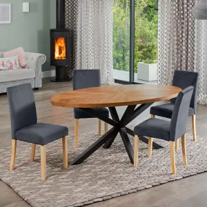 Dosenna Oval Dining Table Set with 4 Maiolo Velvet Chairs - Grey