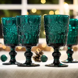 Set of 4 Luxury Embossed Dark Green Drinking Wine Glass Wine Goblets 290ml