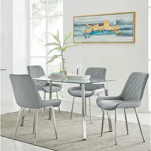 Cosmic Luxury Glass and Chrome Dining Table Set with 4 Luxury Velvet Dining Chairs Grey/Silver