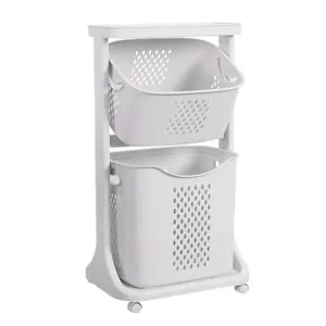 2 Tier Plastic Laundry Basket Hamper Bathroom Laundry Sorter Storage Bin Cart Clothes Organizer