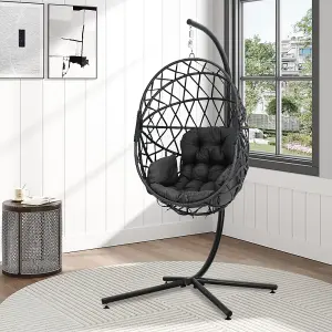 Dark Grey Foldable Single Rattan Egg Chair Swing Chair Hanging Basket with Metal Bracket and Seat Cushion