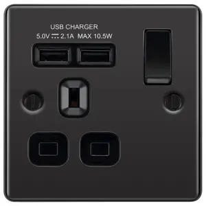 GoodHome Black Nickel Single 13A Raised rounded Switched Screwed Socket with USB, x2 & Black inserts