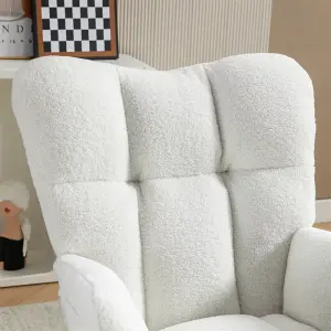 New Modern Teddy Fabric Tufted Upholstered Rocking Chair with pull-out footrest, White 