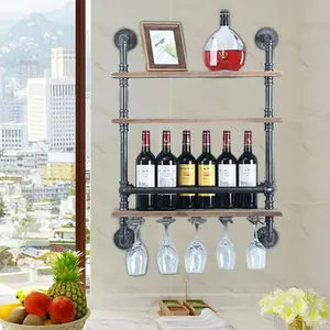 Ade Wall Mounted Wine Bottle & Glass Rack in Black/Brown