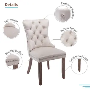 Set of 6 Lux Beige Velvet Upholstered Kitchen Dining Chairs Home Office Bedroom Chairs with Wing Back