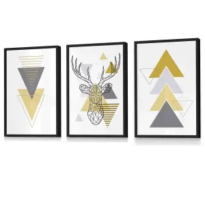 Set of 3 Geometric Line Art Yellow Stag Head Triangles Wall Art Prints / 30x42cm (A3) / Black Frame