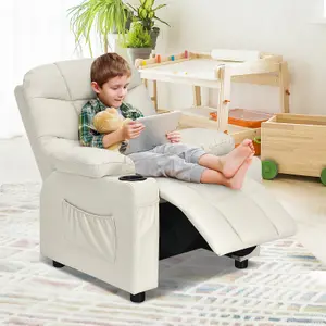 COSTWAY Kids Single Sofa Chair PU Leather Children Armchair Recliner with Cup Holders