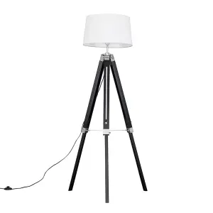 ValueLights Clipper Modern Black Wood and Silver Chrome Tripod Floor Lamp with White Tapered Shade