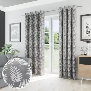 Oakland Grey Leaf Pattern, Thermal, Room Darkening Pair of Curtains with Eyelet Top - 46 x 72 inch (117x183cm)