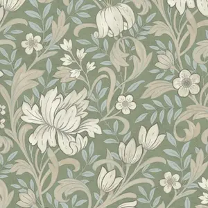 Sage Green Floral Wallpaper Light Blue Leafs Beige Flowers Smooth Matte Grandeco