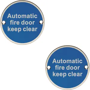 2x Automatic Fire Door Keep Clear Plaque 76mm Diameter Bright Stainless Steel