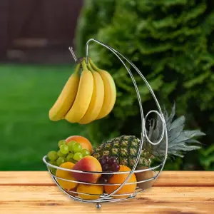 2 in 1 Kitchen Storage Fruit Bowl & Banana Hanger Chrome Metal Finish Modern