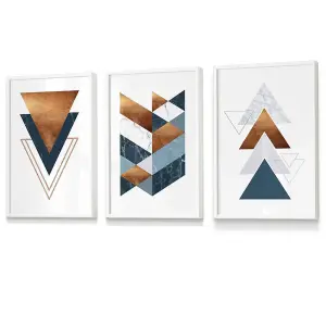 Set of 3 Mid Century Teal Orange Abstract Geometric Wall Art Prints / 30x42cm (A3) / White Frame