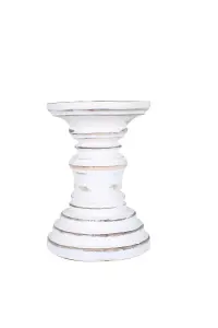 Rustic Antique Carved Wooden Pillar Church Candle Holder Antique White, Small 13cm high