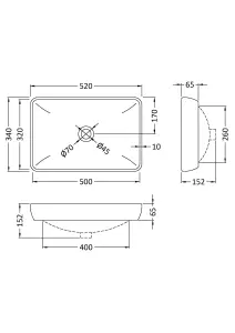 Rectangular 1 Tap Hole Ceramic Countertop Vessel without Overflow - 520mm