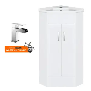 Bubly Bathrooms™ Two Door Corner Vanity Unit & Basin Sink - 555mm - Gloss White with Chrome Tap