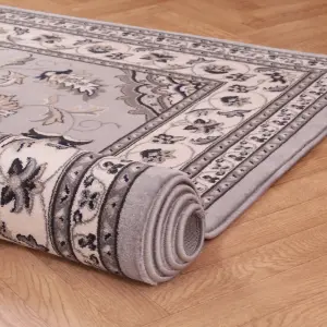 Grey Traditional Bordered Floral Rug Easy to clean Dining Room-80cm X 150cm