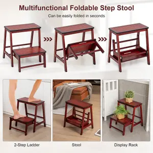 Costway 3 IN 1 2-Step Folding Step Ladder Bamboo Step Stool Portable Ladder Display Rack