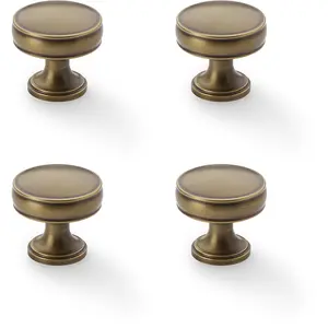 4 PACK - Round Fluted Door Knob - 32mm Diameter Antique Brass Retro Cupboard Pull Handle