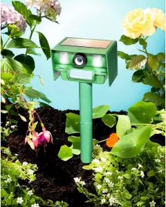 Ultrasonic Solar Powered Pest Repeller Scarer - Stake in Lawns & Borders or Mount on Walls or Fences - 7m Detection Range