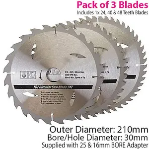 QTY 3 TCT Circular Saw Blades 210mm x 30mm 25mm 16mm Fitting Rings