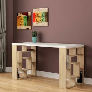 Decortie Labirent Modern Working Table with Bookshelf Legs White Oak 137cm