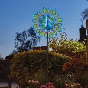 Peacock Wind Spinner with Solar Powered Crackle Glass Globe - Outdoor Decoration with Multicoloured LED Lights - H130 x 38cm