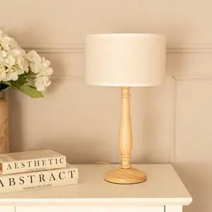 ValueLights Victoria Light Wood Candlestick Table Lamp with Linen White Trim Drum Lamp Shade