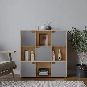 URBNLIVING 9 Cube Oak Wooden Bookcase Shelving Display Shelves Storage Unit Wood Shelf Grey Door