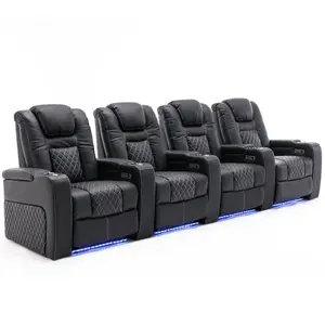 Broadway 4 Seater Electric Recliner Cinema Sofa USB Charging Led Base (Black w White Stitching)