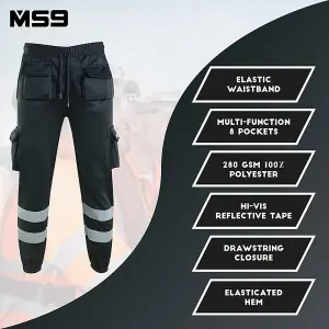 MS9 Mens Hi Viz Vis High Visibility Fleece Cargo Work Trousers Pants Joggers H1 Black - XL