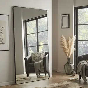 Large Mirror Camden Rectangular Shape, Curved Corner with Black Aluminium Frame- H180cm x W110cm x D3cm for Living room