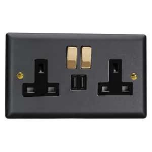 Varilight 2-Gang 13A Single Pole Switched Socket + 2x5V DC 2100mA USB Charging Ports  Vogue Matt Black